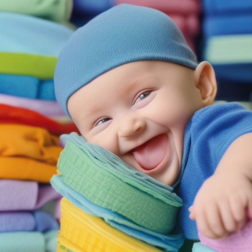 A close-up of a baby's hand holding onto a stack of colorful diapers, with a smile on the baby's face.