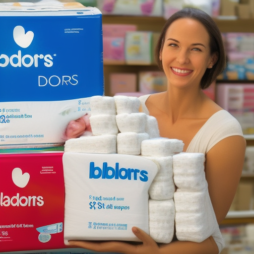 An image of a smiling mother holding a large box of diapers with a satisfied expression on her face. The box is labeled "Bulk Diapers: Affordable Prices!" to emphasize the cost-effectiveness of buying diapers in bulk.