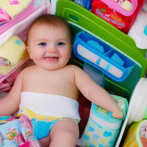 An image of a cheerful baby sitting in a diaper caddy, surrounded by neatly folded diapers and other baby supplies. The caddy is labeled with the words "Diaper Caddy" to emphasize the importance of organizing and storing diapers.