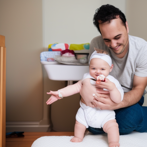 An image of a smiling parent holding a baby in one arm and a diaper in the other, with a changing table in the background.