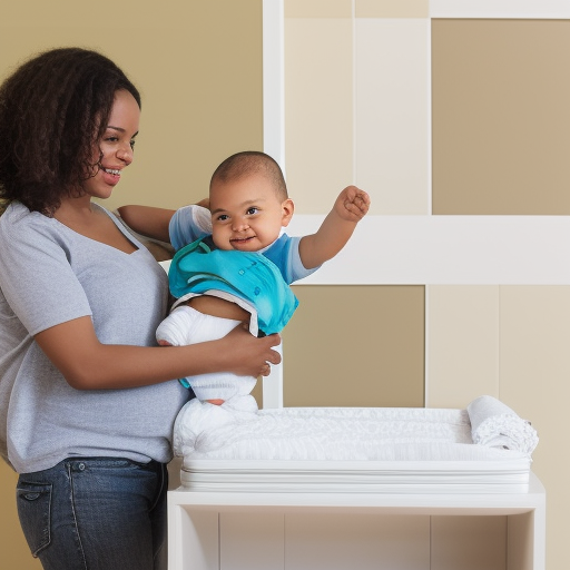 An image of a smiling parent holding a baby in one arm and a diaper in the other, with a changing table in the background. The parent is confidently and efficiently changing the baby's diaper, demonstrating how quickly and easily it can be done
