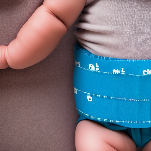 A close-up image of a baby wearing a diaper with a measuring tape draped around their waist, showing the correct size for the diaper.