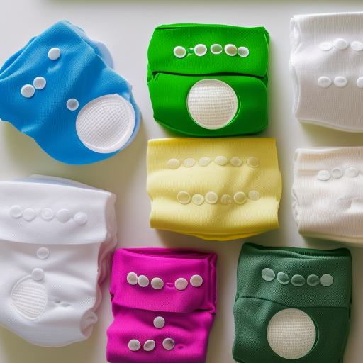 An image of a variety of baby diapers in different sizes and colors, arranged in a neat row on a white background.