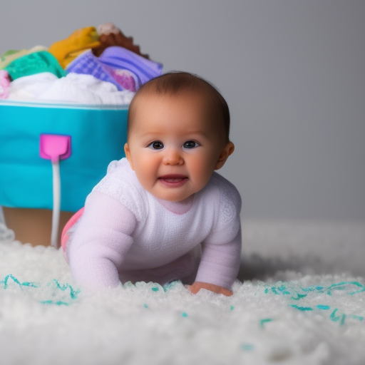 A close-up image of a baby's bottom wearing a diaper, with a variety of colorful diapers in the background.