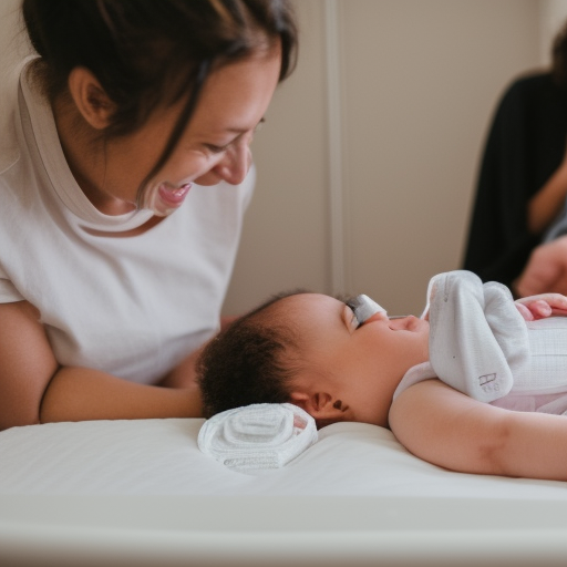 An image of a smiling baby lying on a changing table with a parent nearby, holding a diaper and wipes in one hand and a smiling baby in the other. The parent is looking down at the baby with a look of love and joy.