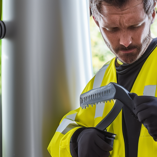 An image of a person wearing protective gear and holding a wrench while standing in front of a leaking pipe, with a concerned expression on their face. The image conveys the seriousness of dealing with leaks and blowouts and the importance of taking the