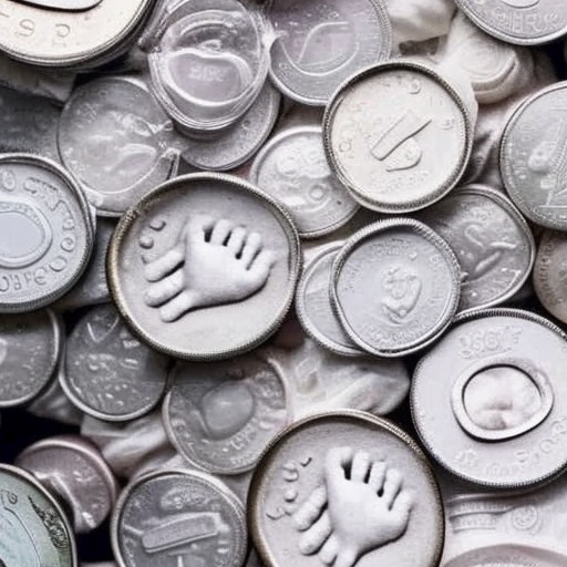 A close-up image of a baby's hand holding onto a stack of diapers, with a few coins scattered around the diapers.