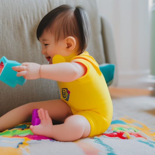 A cheerful baby in a bright yellow onesie, happily playing with a colorful toy while sitting in a diaper bag filled with diapers and other supplies.