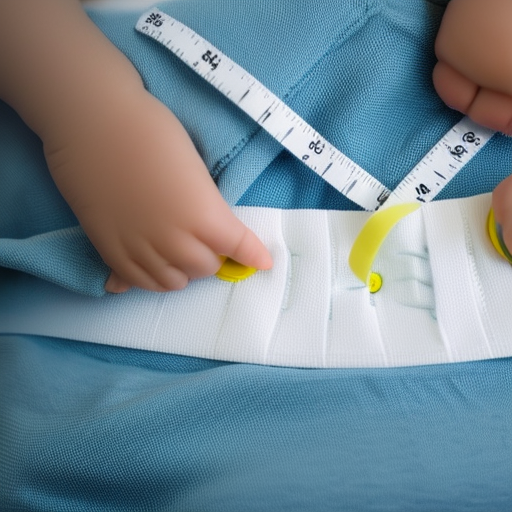 A close-up of a baby's bottom wearing a diaper, with a measuring tape around the waist to show the size of the diaper.